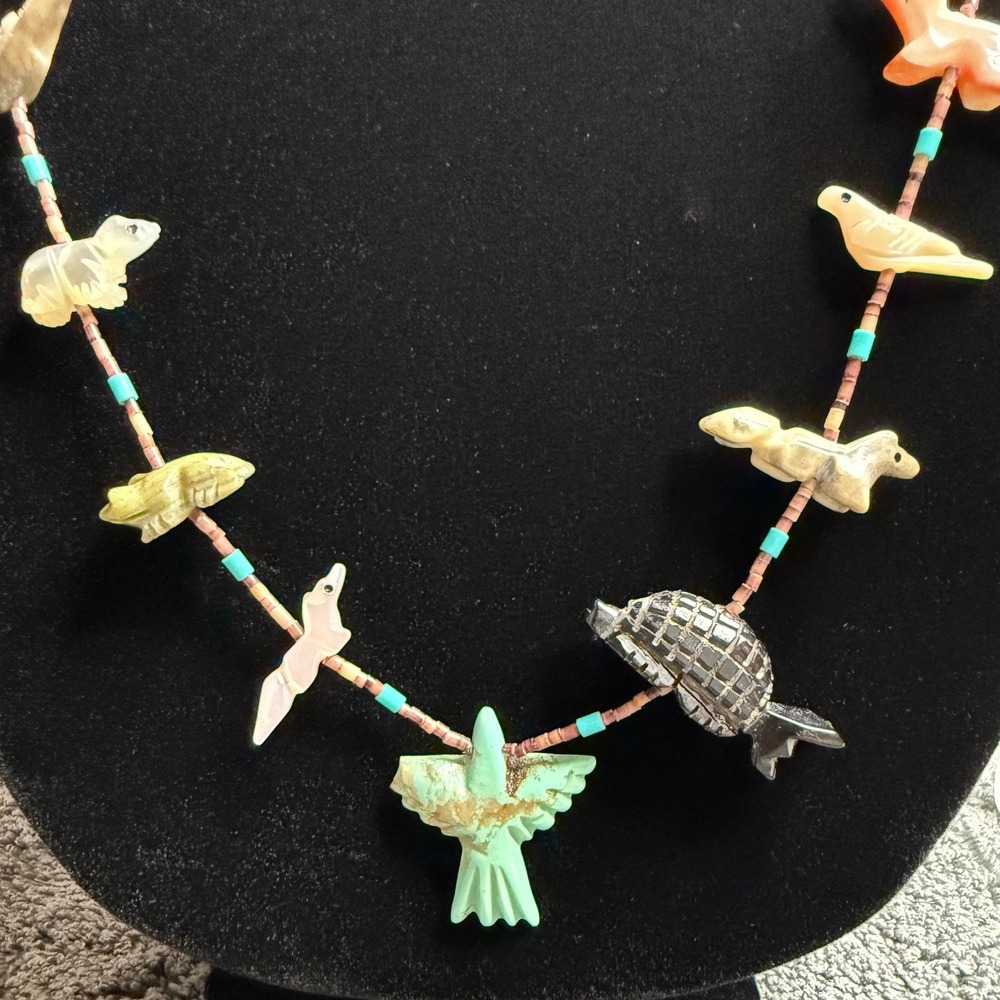 Navajo Zuni Sterling Silver Fetish Necklace Hand Carved Stone Shell Animals - Picture 2 of 6